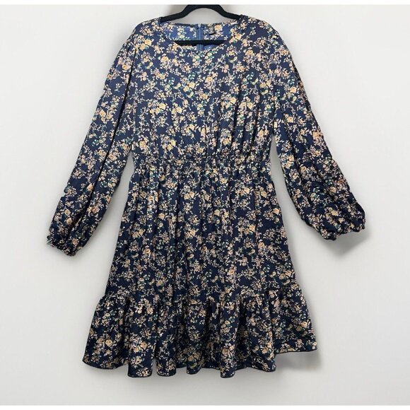 Shein Curve Dress 3XL Blue Long Sleeve Floral‎ Print Ruffle Hem Zip Back - Picture 1 of 8